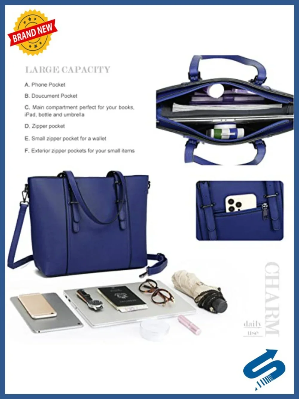 Faux Leather Satchel Handbag with Adjustable Crossbody Strap